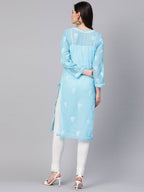 ADA Women Blue & White Chikankari Embroidered Sheer Straight Sustainable Handloom Kurta