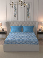 MYTRIDENT Blue White Ethnic Motifs Pure Cotton 120 TC Queen Bedsheet With 2 Pillow Covers