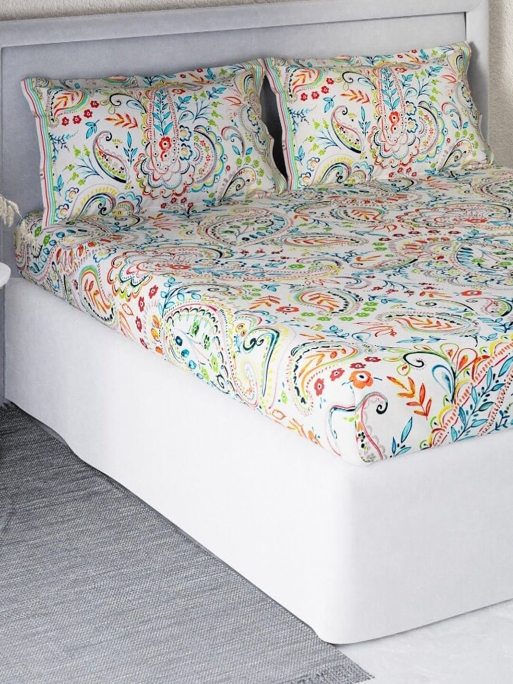 DDecor White & Turquoise Blue Motifs 140 TC Cotton Queen Bedsheet with 2 Pillow Covers - Distacart