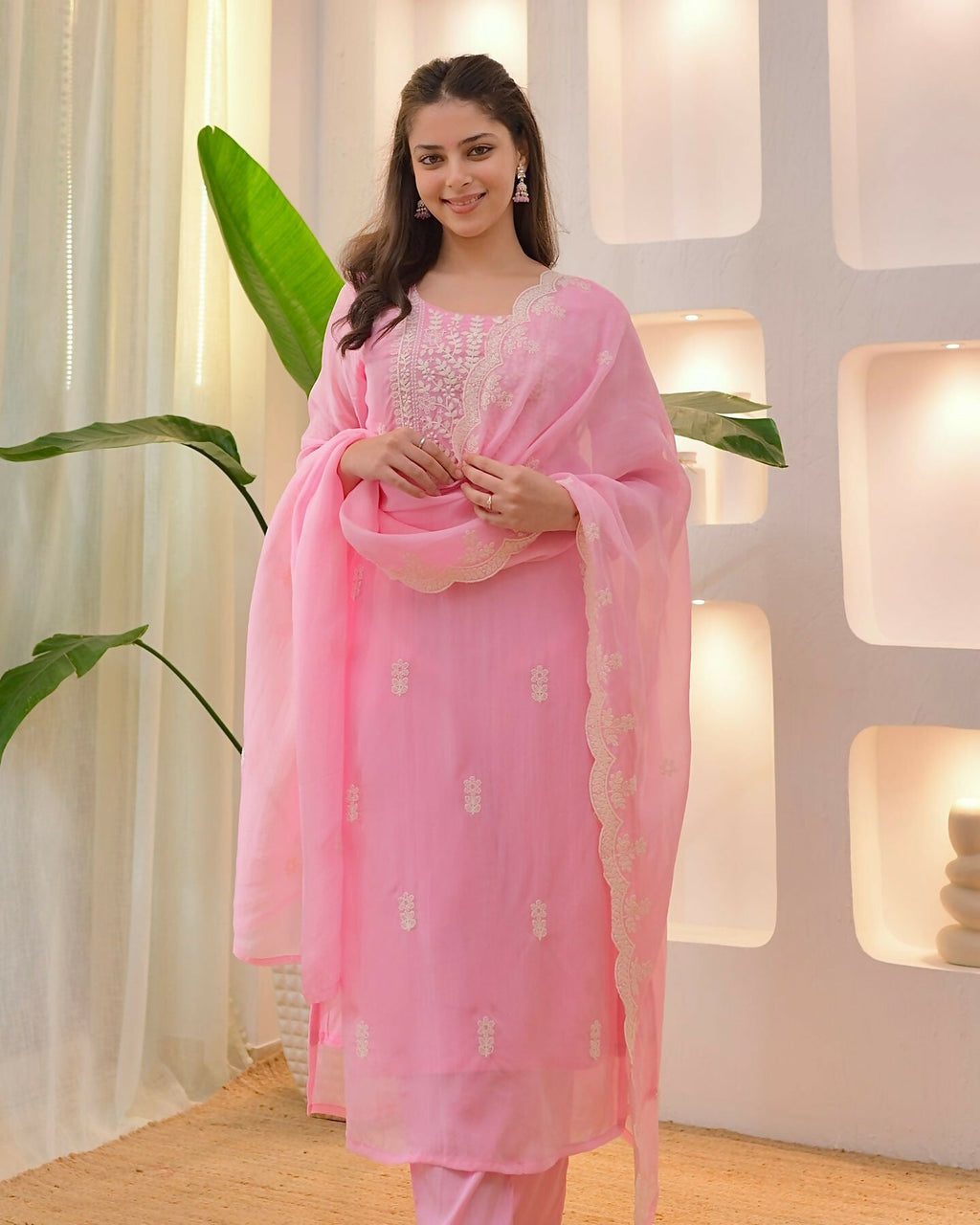 The52 Pink Women's Beautiful Chikankari Work Chanderi Fabric Straight Kurta Pant and Dupatta Set - Distacart