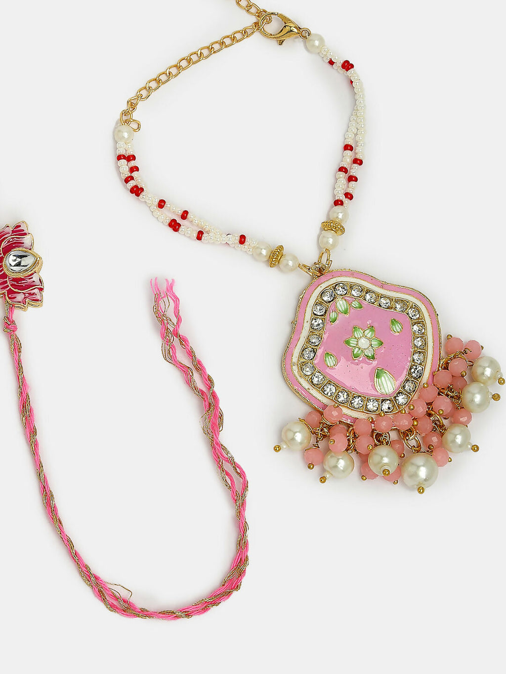 NVR Women & Men Set of 2 Pink Lotus Shape Kundan Stone-Studded & Beaded Bhaiya Bhabhi Rakhi With Roli Chawal & Chocolate - Distacart