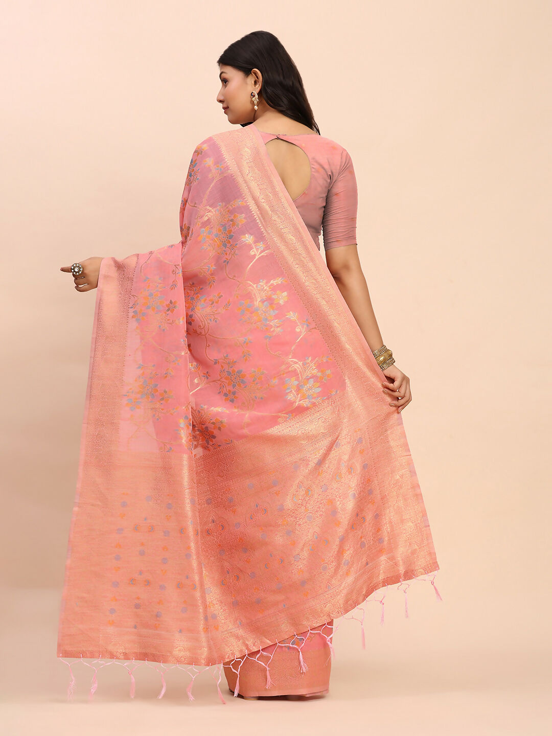 Shree Shyam Fashion Linen Cotton Peach Saree - Distacart