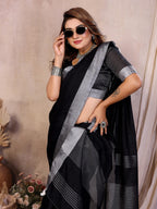 Anaita Black Weaving Linen Cotton Saree With Blouse - Distacart