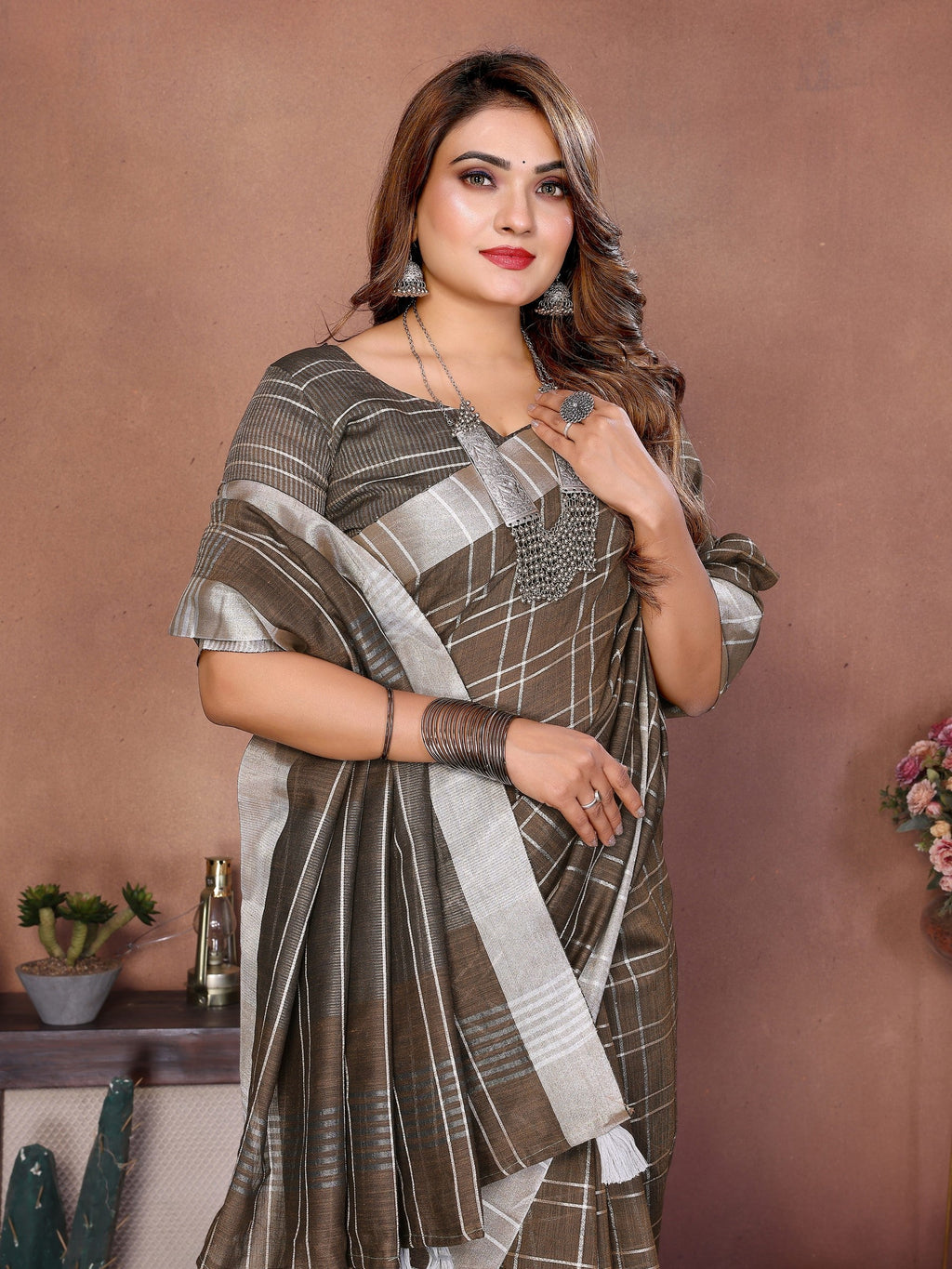 Anaita Chocolate Weaving Linen Cotton Saree With Blouse - Distacart
