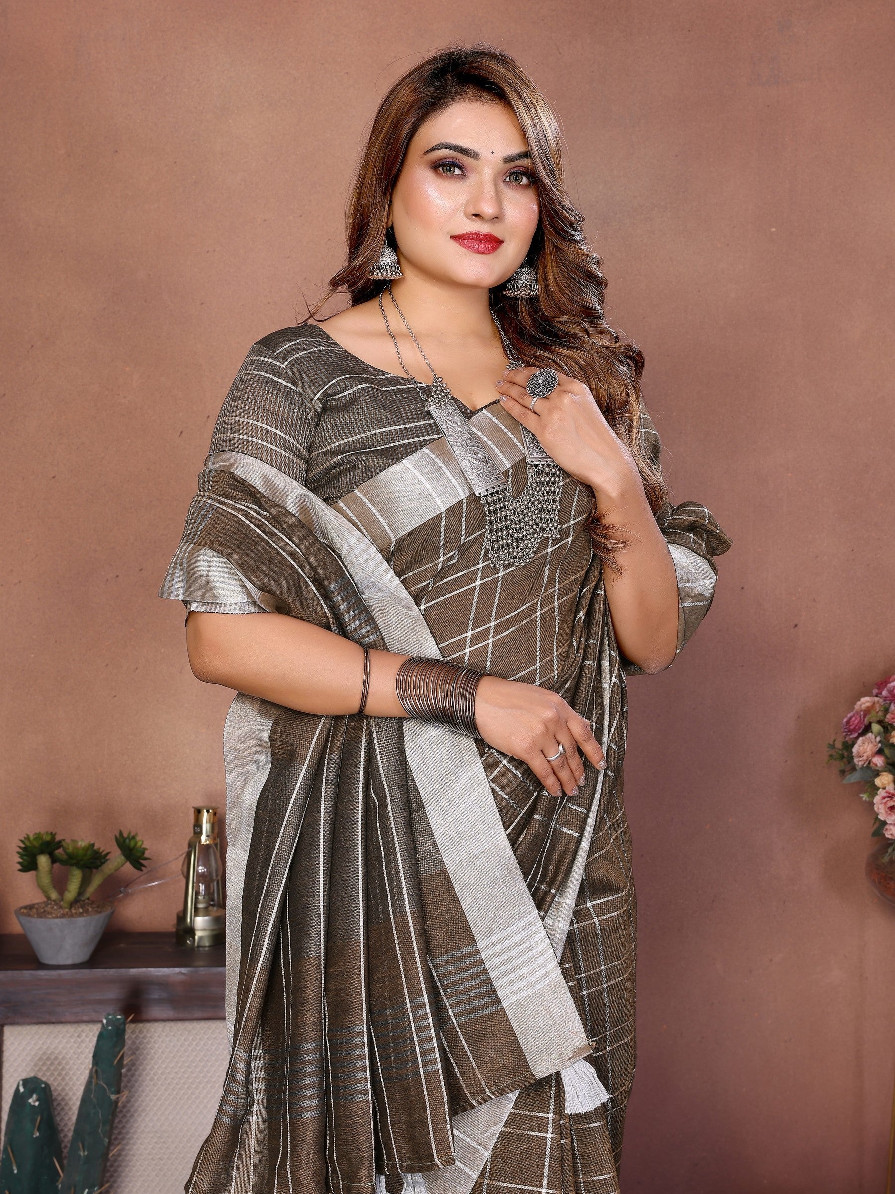 Anaita Chocolate Weaving Linen Cotton Saree With Blouse - Distacart