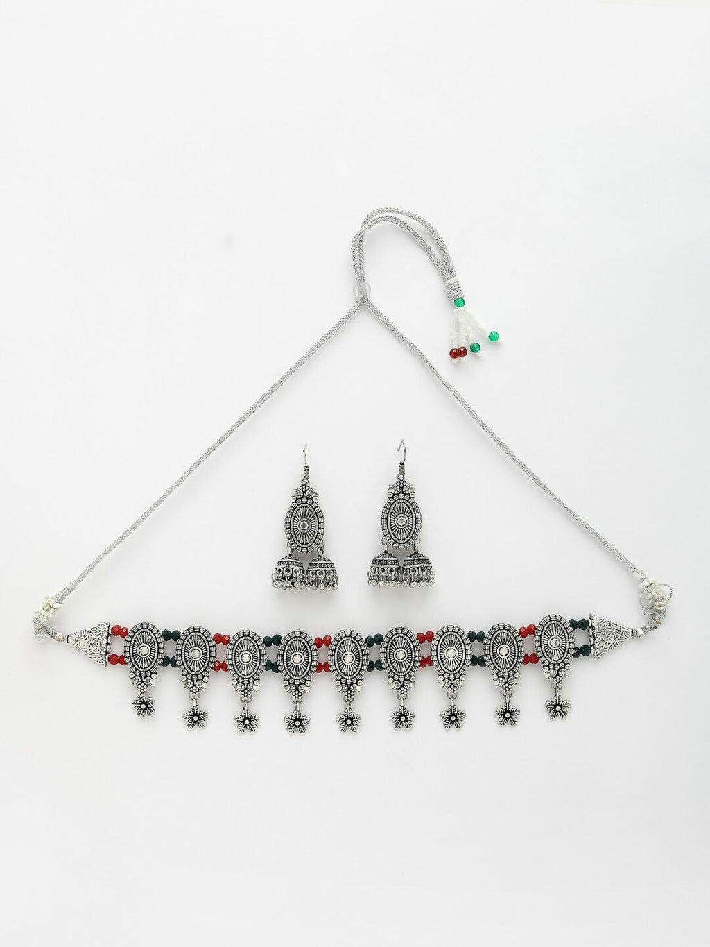 NVR Women's Silver-Plated Choke Oxidized Necklace with Jhumka Earrings