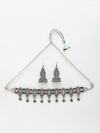 NVR Women's Silver-Plated Choke Oxidized Necklace with Jhumka Earrings