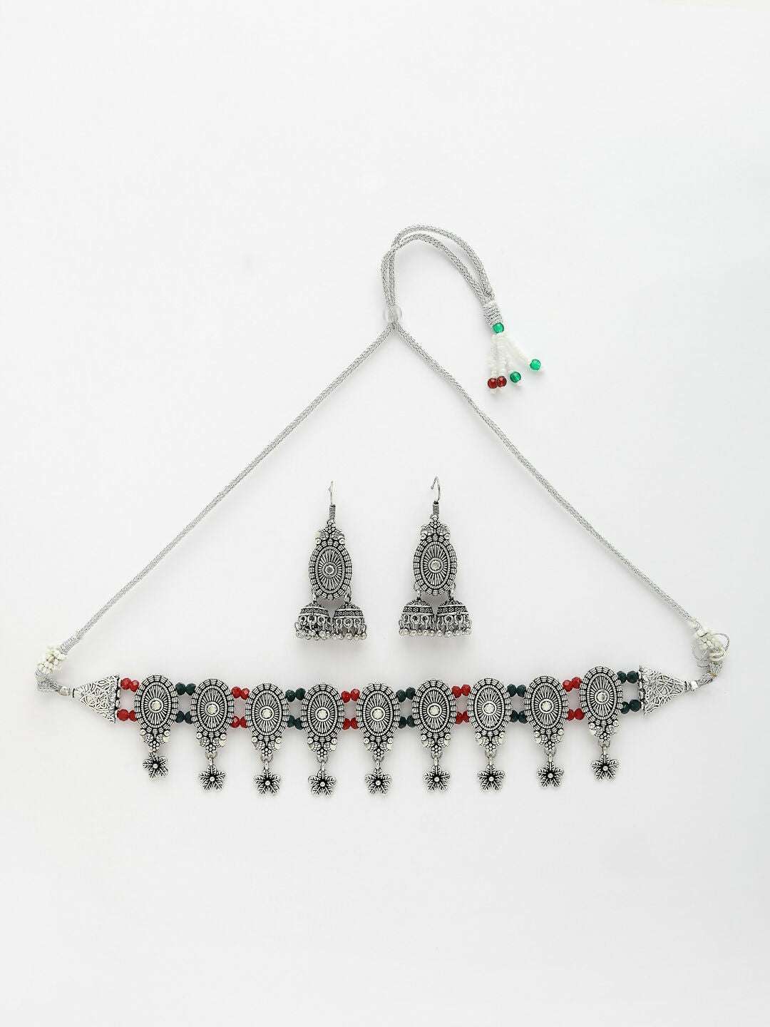 NVR Women's Silver-Plated Choke Oxidized Necklace with Jhumka Earrings