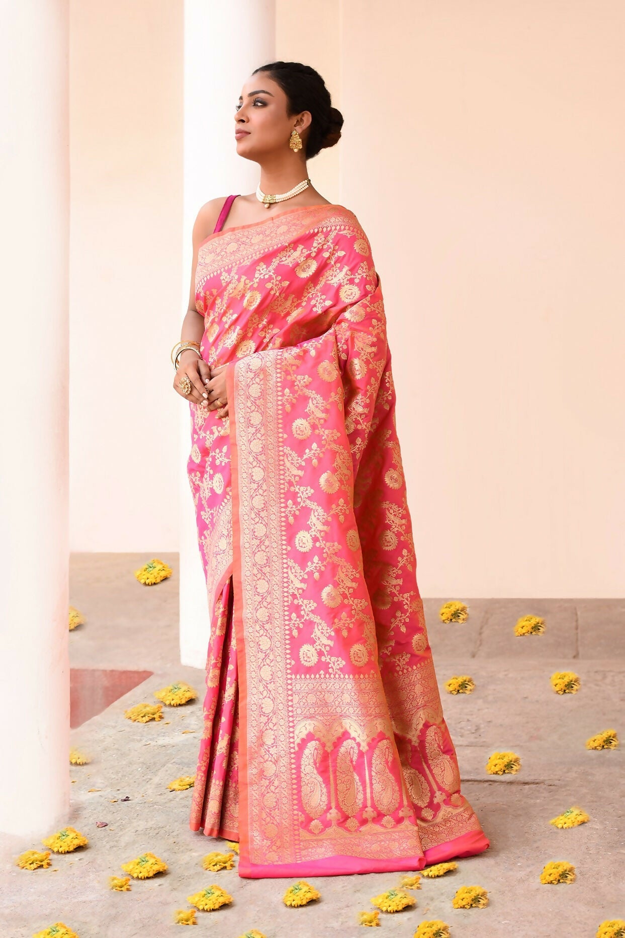 Joban Fashion Pink Peach Soft Pure Handloom Banarasi Silk Saree