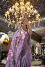 Vastranavya Grey Spectacular Georgette Printed with Pearl Lace Saree with Unstitched Blouse - Distacart