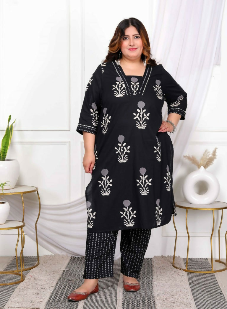 Miravan Women's Plus Size Cotton Gota Patti Black Floral Printed Straight Kurta Palazzo Set
