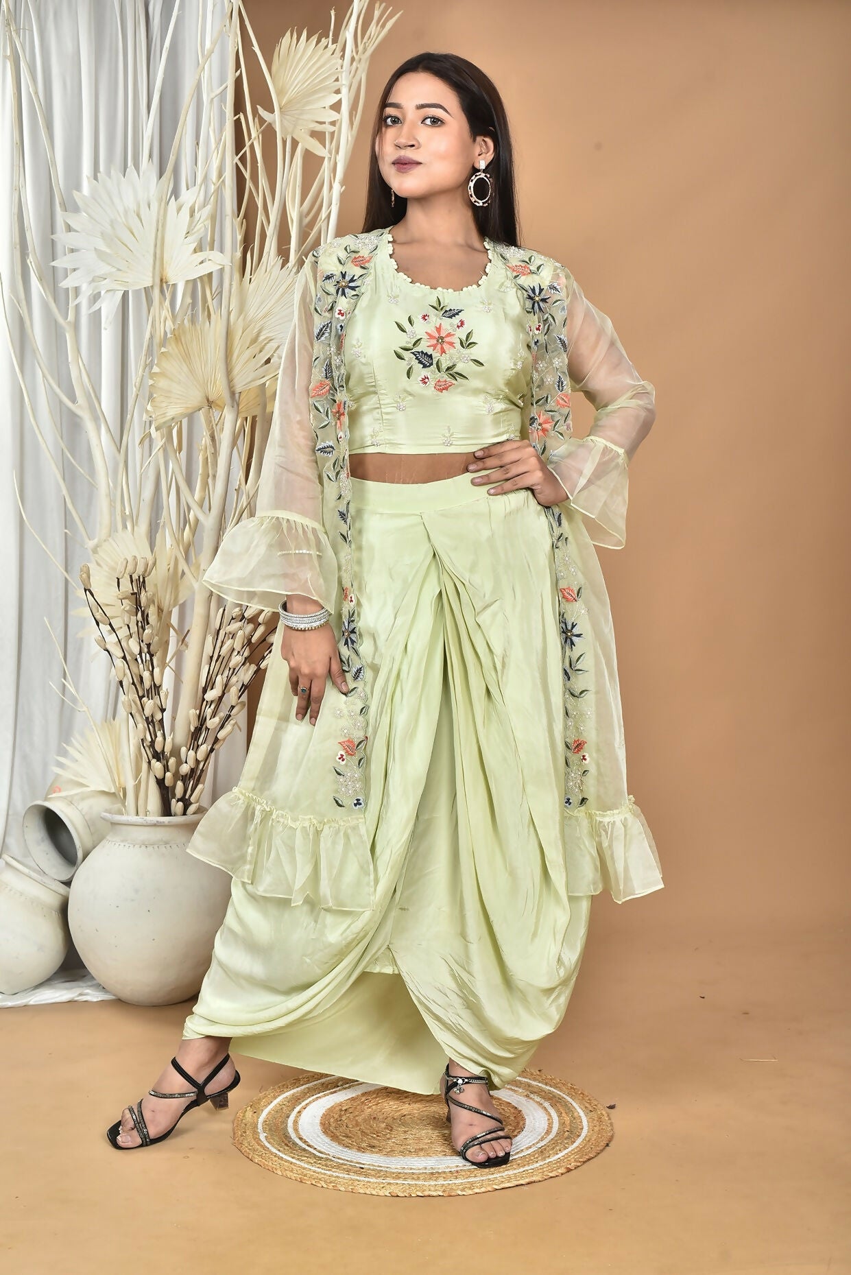 Morchari Women Hand Embroidery Crop Top-Light Green