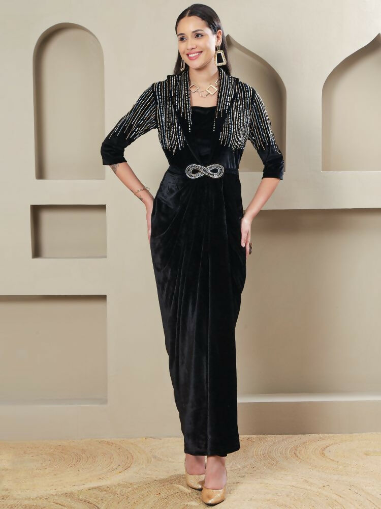 Joban Fashion Women Black Velvet Hand Embellishment Stitched Dress - Distacart