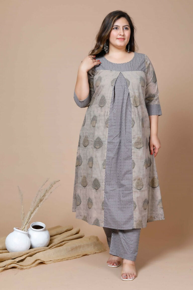 Miravan Women's Plus Size Beige Floral Printed Pure Cotton A-Line Kurta With Palazzo