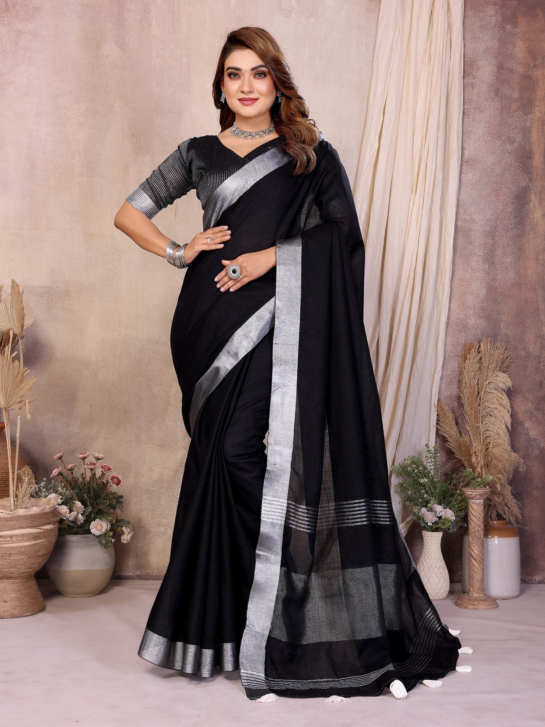 Anaita Black Weaving Linen Cotton Saree With Blouse - Distacart