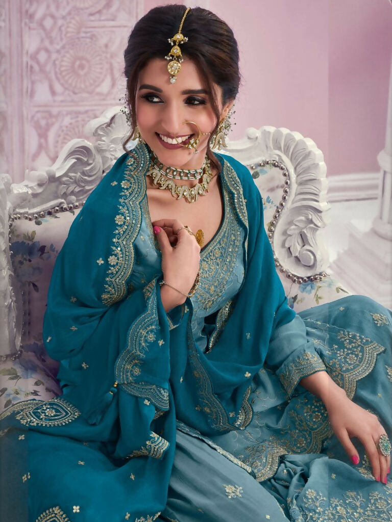 Vastranavya Exquisite Teal Heavy Chinon with Embroidered & Sequins Work Salwar Suits
