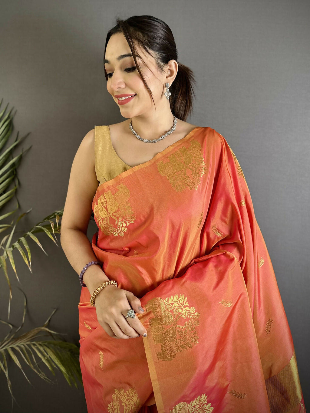 Joban Fashion Orange Motifs Zari Weaving Soft Silk Banarasi Saree