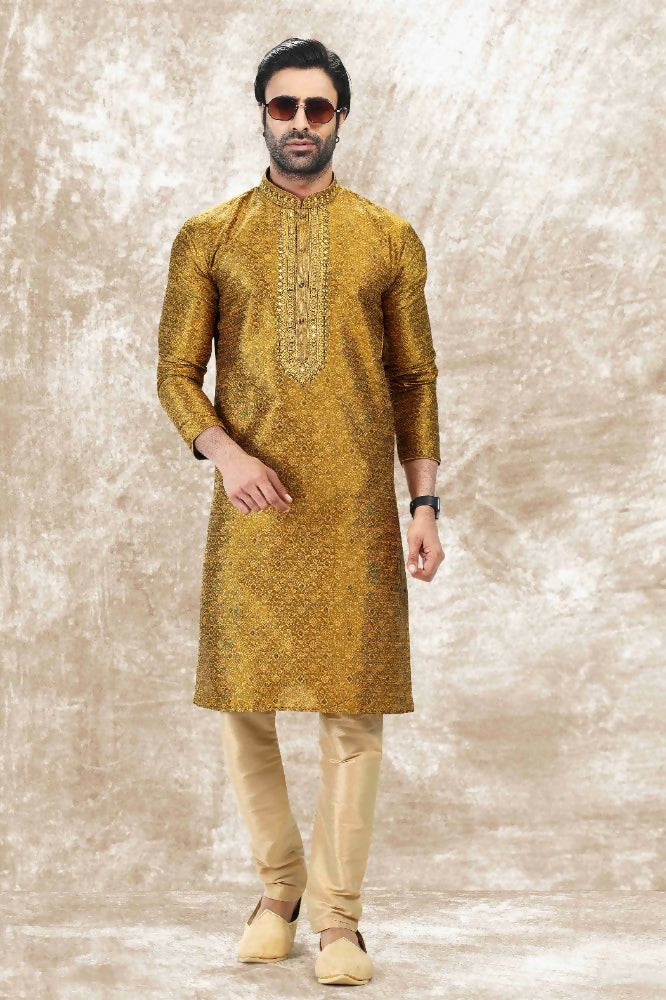 Raivat Ethnic Jacquard Silk Brocade Mirror and Thread Work Kurta Pajama In Golden Colour