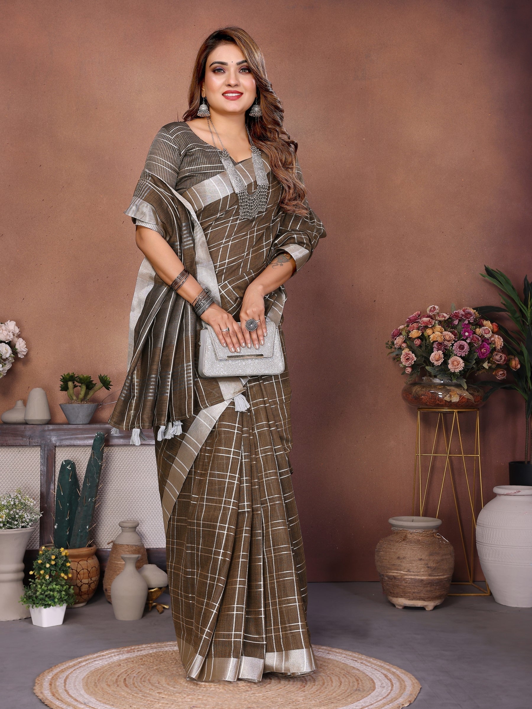 Anaita Chocolate Weaving Linen Cotton Saree With Blouse - Distacart
