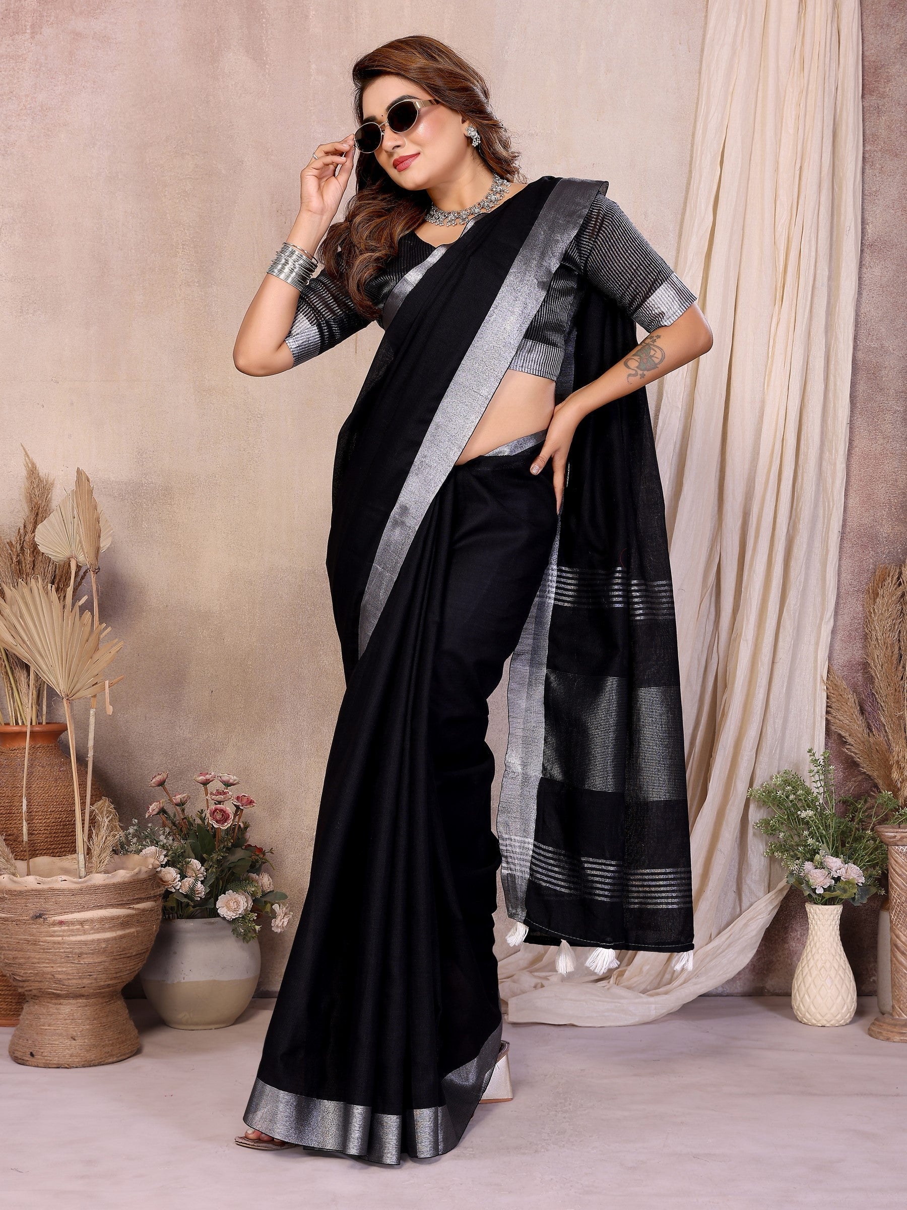 Anaita Black Weaving Linen Cotton Saree With Blouse - Distacart