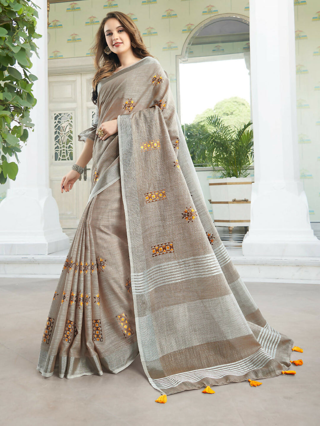 Shree Shyam Fashion Linen Light Beige Saree - Distacart