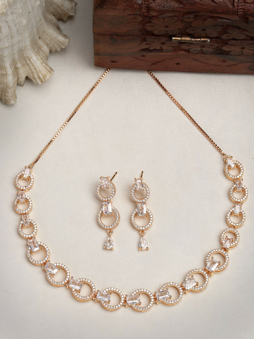 NVR Women's Gold-Polished American Diamond Studded Handcrafted Jewellery Set