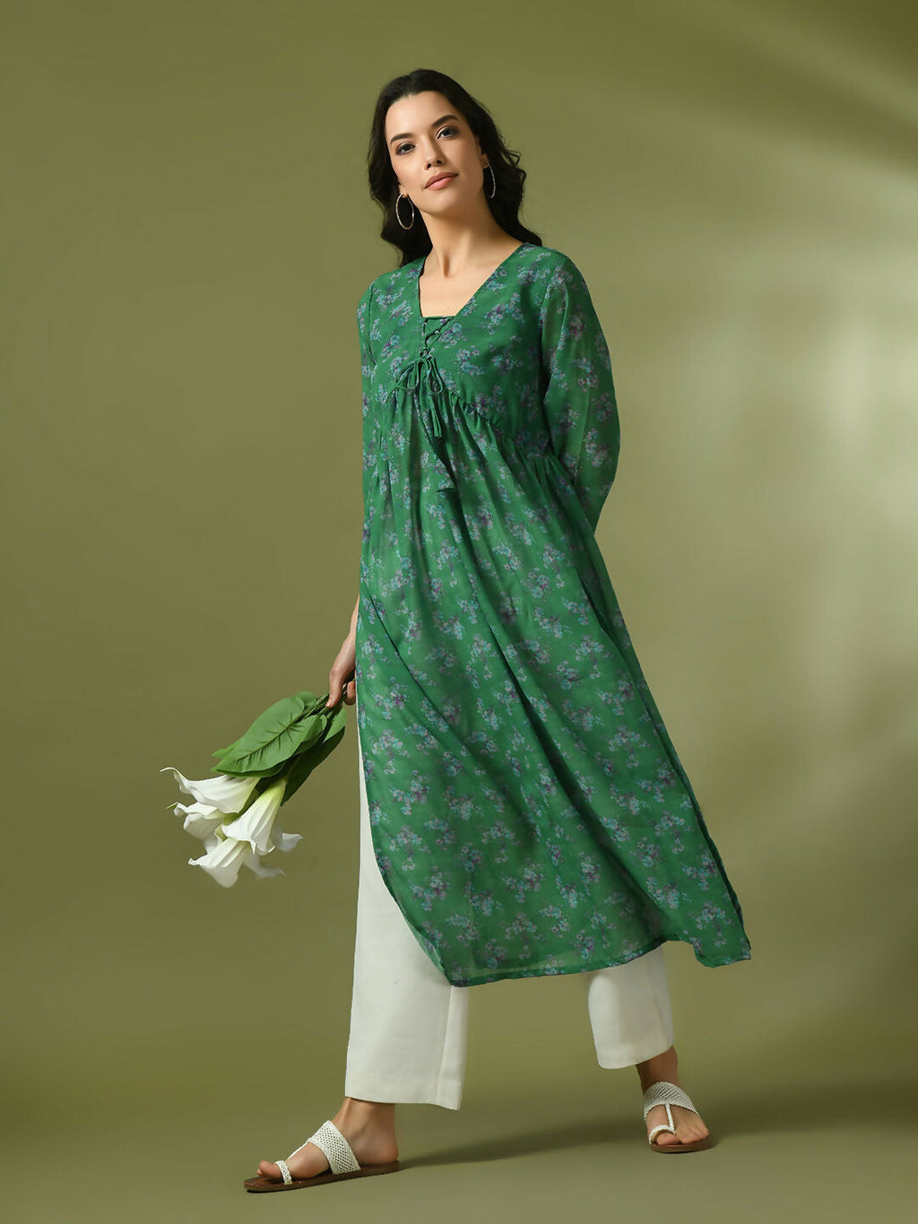 Myshka Women's Green Printed Georgette A-Line Nyra-cut Kurta