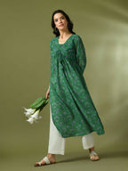 Myshka Women's Green Printed Georgette A-Line Nyra-cut Kurta