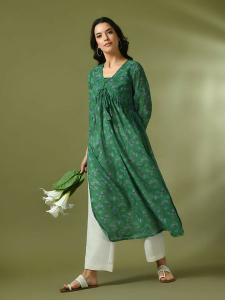 Myshka Women's Green Printed Georgette A-Line Nyra-cut Kurta