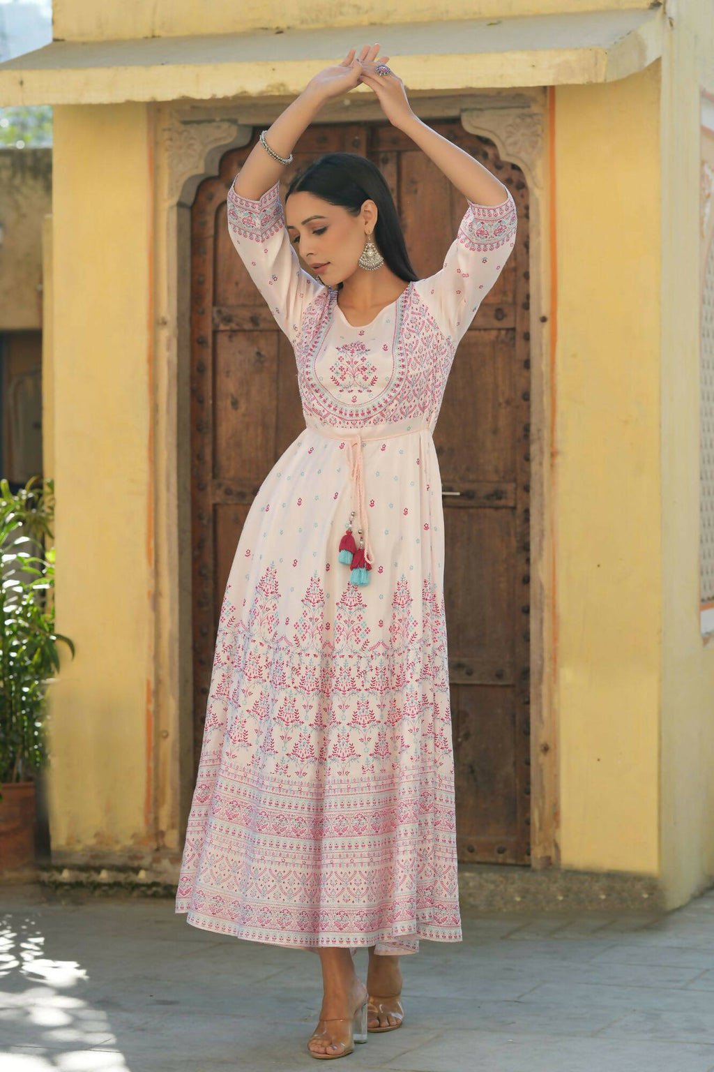 Juniper Women's Pink Viscose Shantoon Festive Printed Flared Dress - Distacart