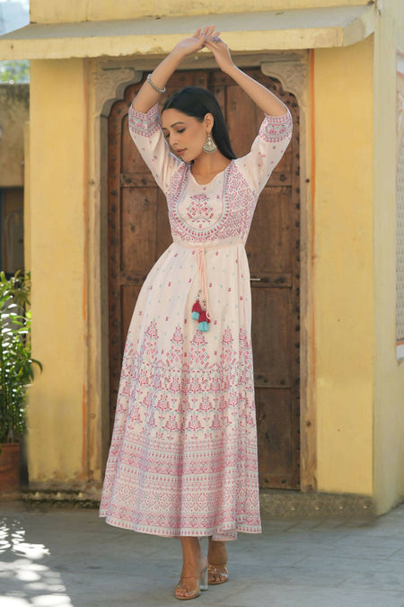 Juniper Women's Pink Viscose Shantoon Festive Printed Flared Dress