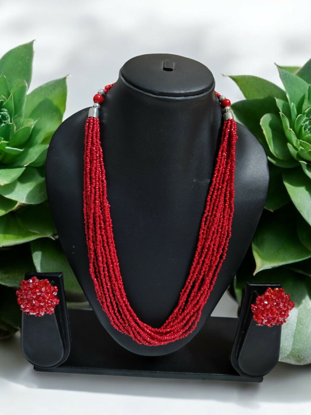 Inhanns Bloom Handmade Beaded Necklace With Earrings - 12 Layers - Red Necklace Set