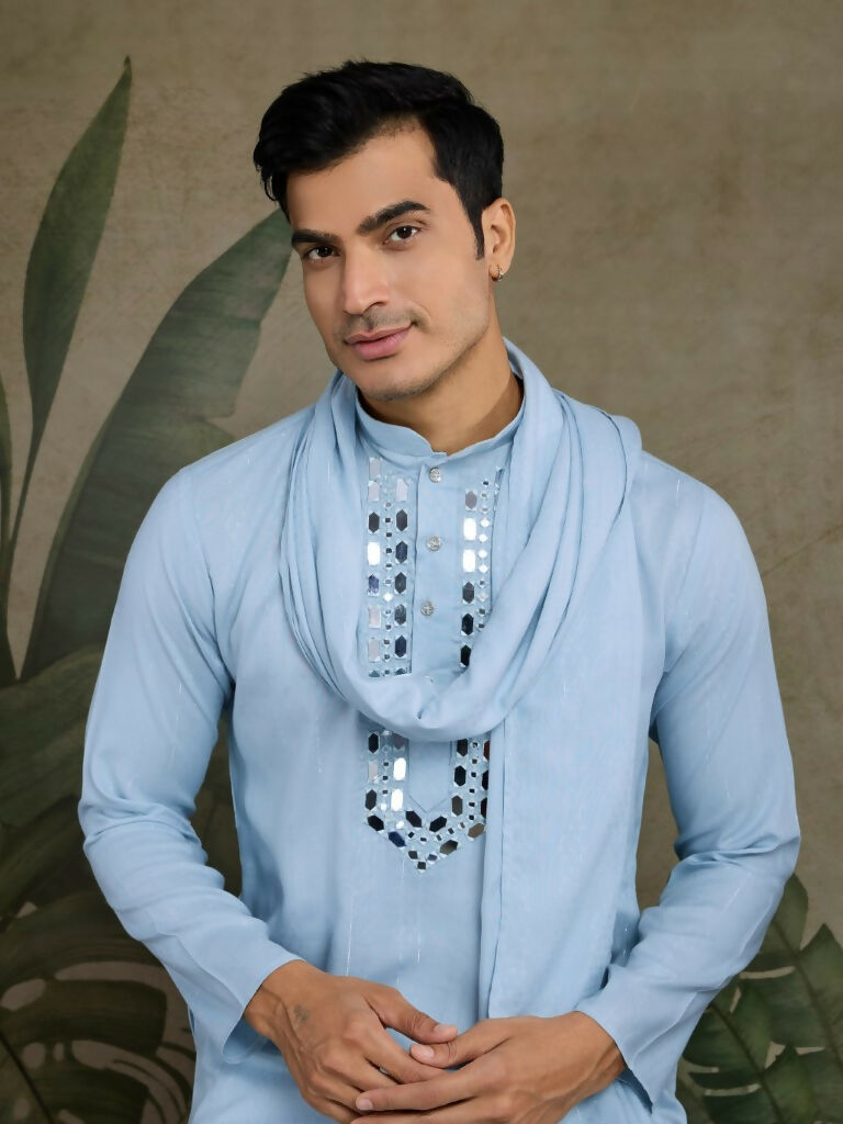 Vastranavya Sky Blue Exclusive Viscose Silk Festival Wear Real Mirror Work Kurta with Dupatta