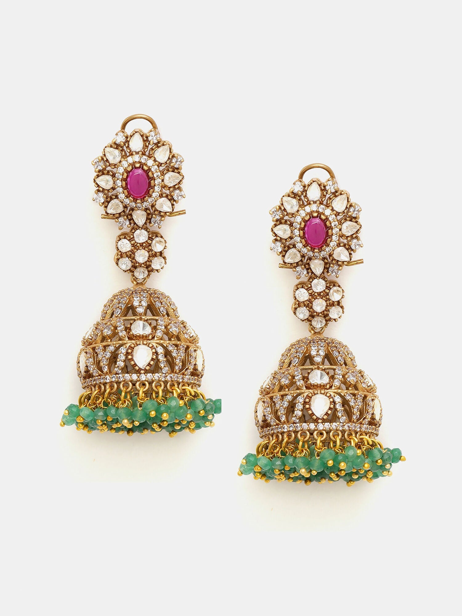 Ruby Raang Gold Polished Kundan Work Multi-Color Diamond And Stone Jhumka Earrings - Distacart