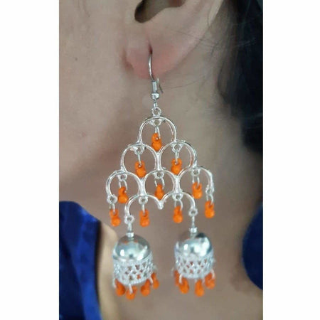 MS Fashion India Silver Oxidized Fashion Traditional Double Jhumka Long Orange Pearls Earrings