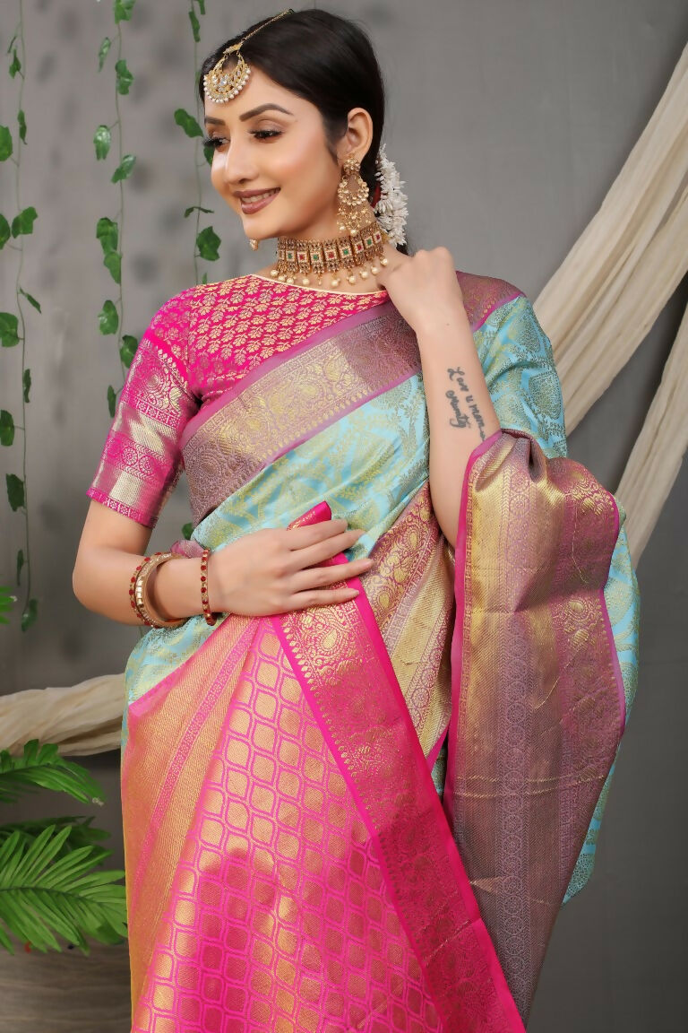 Jyoti Fashion Women's Sky Blue Kanjivaram Silk Zari Woven Saree with Blouse