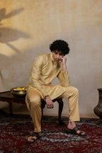 Semi Pattu Gold Padmajaal Kurta Set By Hilo Design