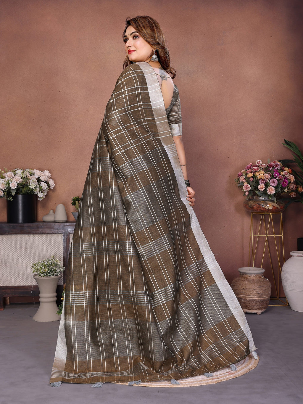 Anaita Chocolate Weaving Linen Cotton Saree With Blouse - Distacart