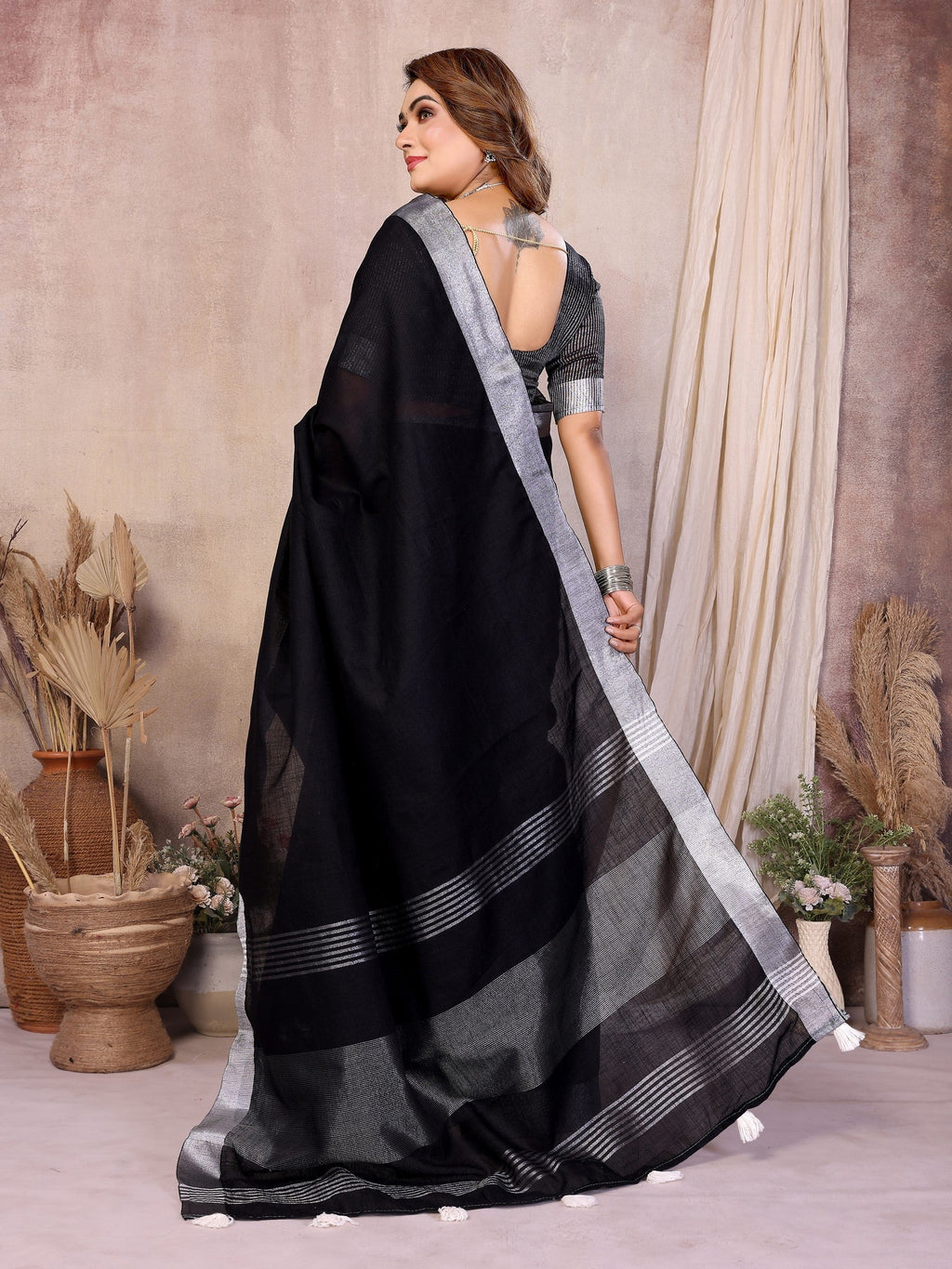 Anaita Black Weaving Linen Cotton Saree With Blouse - Distacart