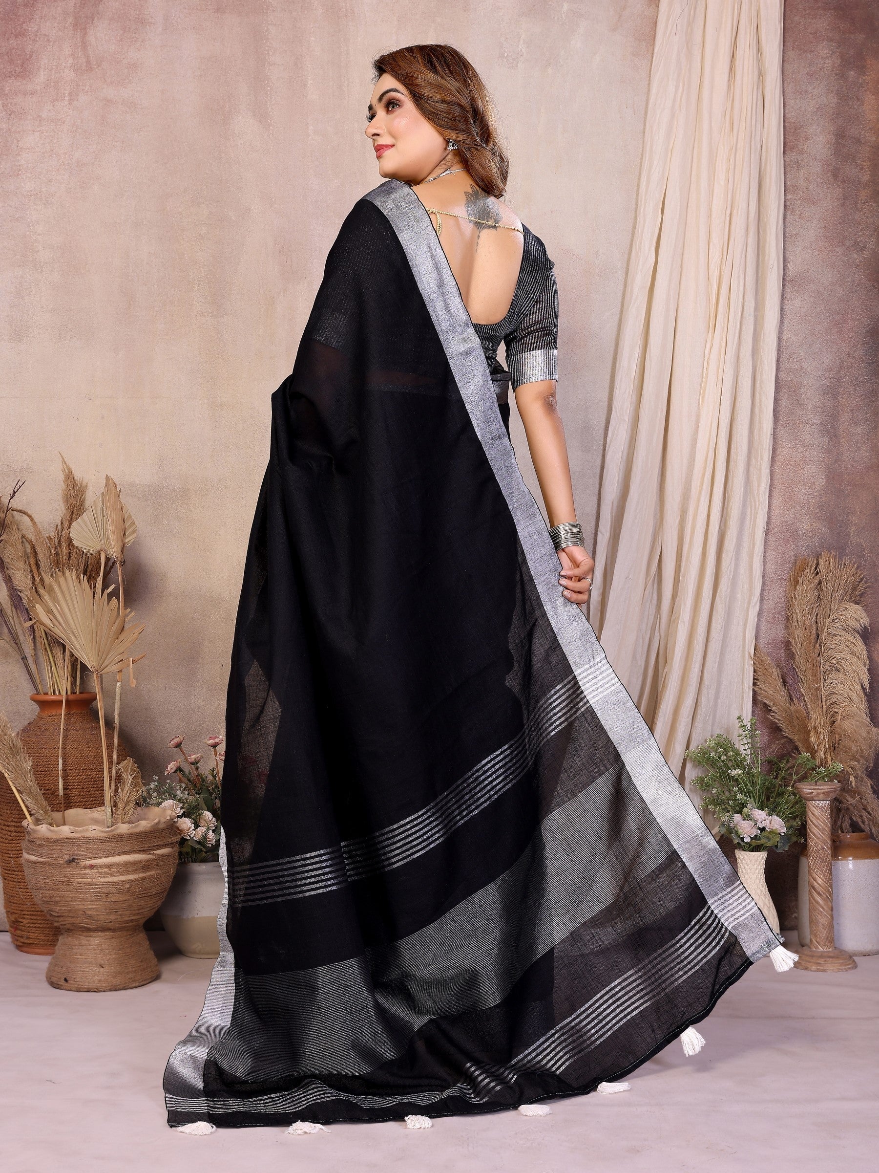 Anaita Black Weaving Linen Cotton Saree With Blouse - Distacart