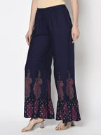 Aniyah Rayon Navy Blue Color Block Print Flared Slip-On Palazzo (AN-216K)