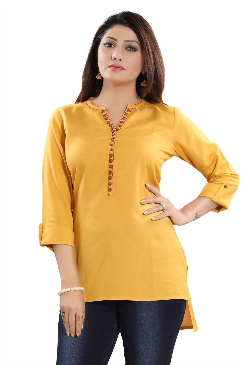 Snehal Creations Desirable Mustard Rayon Cotton Hi-Low Short Kurti Top - Distacart
