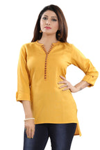 Snehal Creations Desirable Mustard Rayon Cotton Hi-Low Short Kurti Top - Distacart