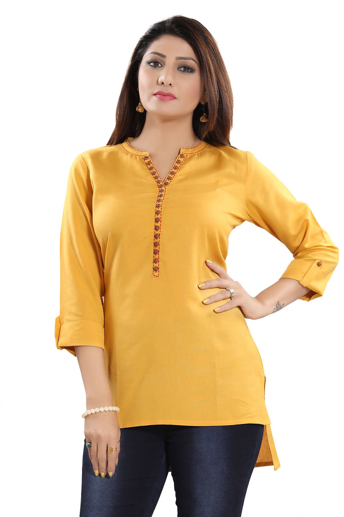 Snehal Creations Desirable Mustard Rayon Cotton Hi-Low Short Kurti Top - Distacart