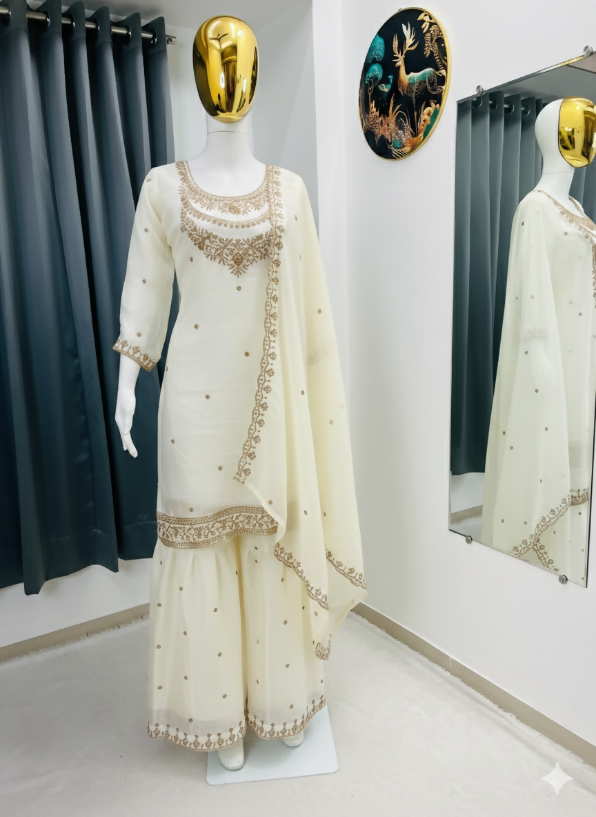 Teeya Creation Cream Color Fendy Satin Silk Heavy Embroidery Work Sharara Suit - Distacart