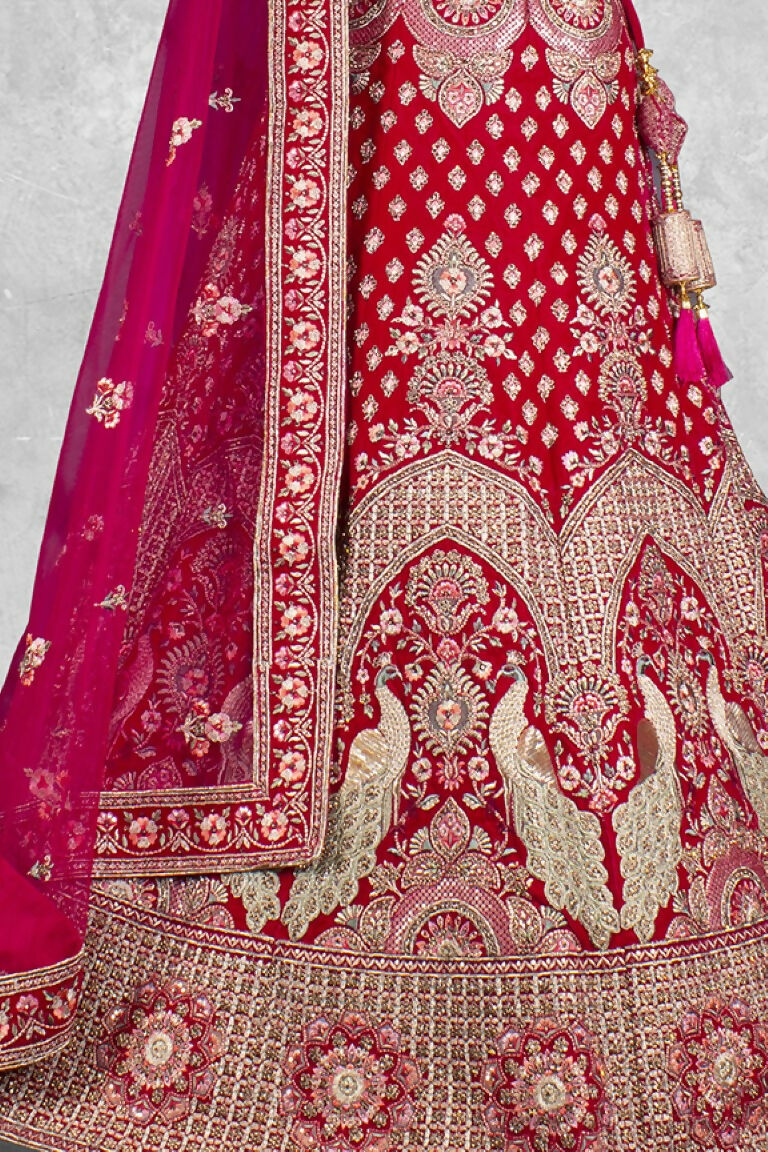 Red Velvet Hand Work Semi Stitched Lehenga Choli with Dupatta - Nimaya Lagnotsav