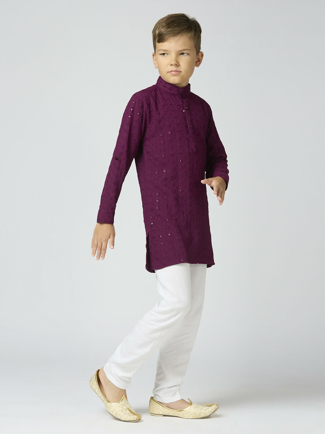 Joban Fashion Kids Island Full Sleeves Cotton Kurta, Pyjama Set with Sequin work - Wine - Distacart