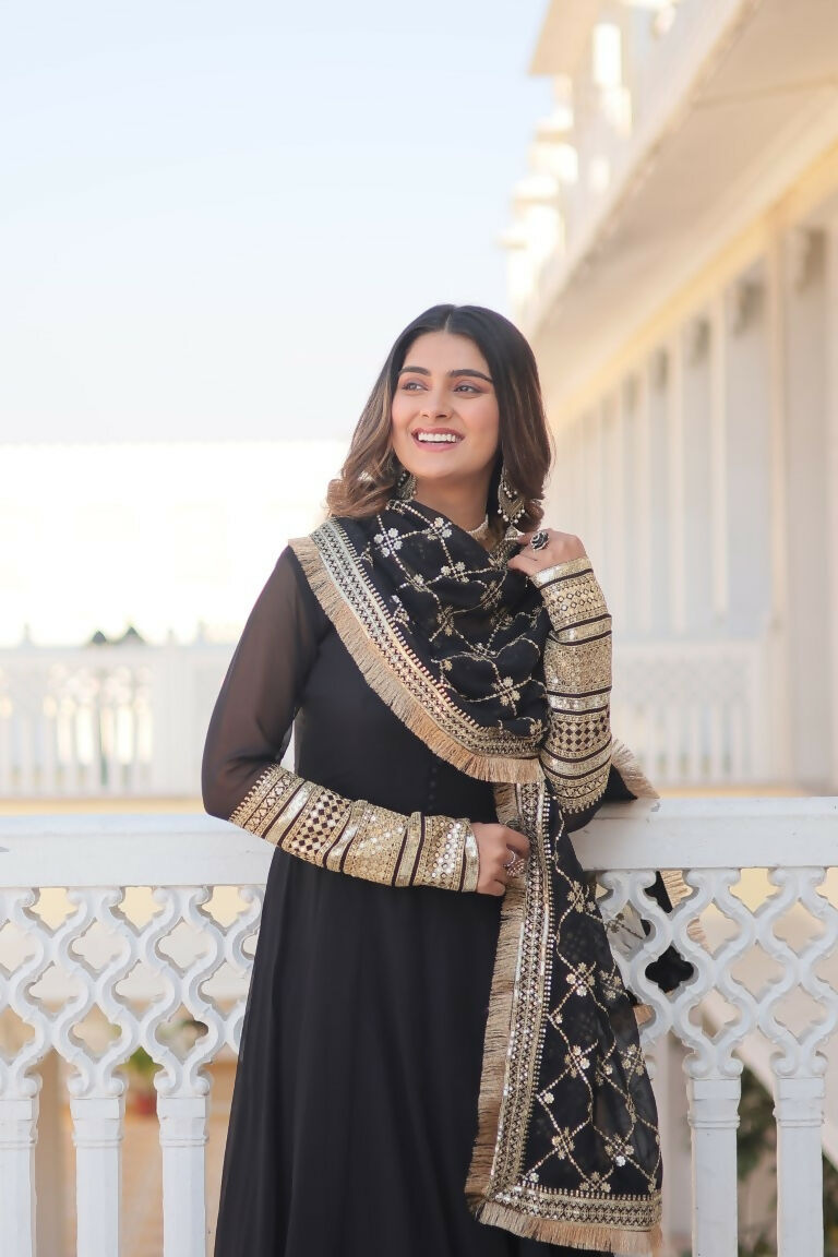 Jyoti Fashion Women's Black Faux Blooming Sequins Zari Embroidered Anarkali Dress with Dupatta