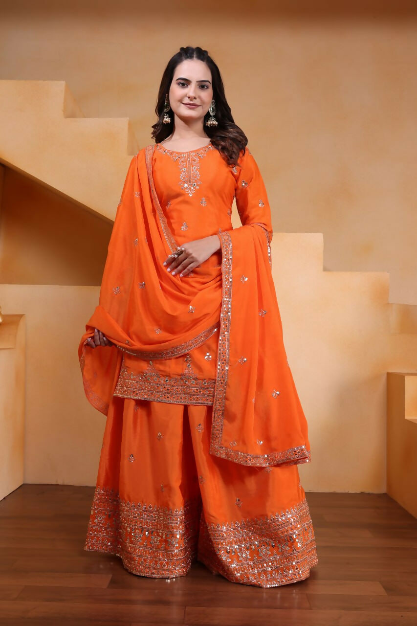 Joban Fashion Orange Silk Embroidered Sharara Set - Distacart