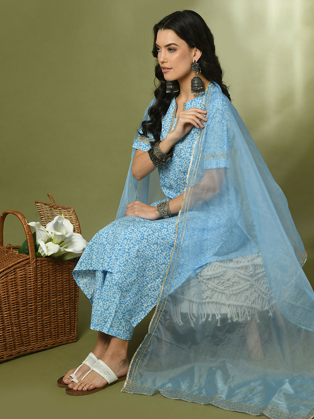 Myshka Women's Blue Printed Cotton Straight Party Kurta Set With Dupatta